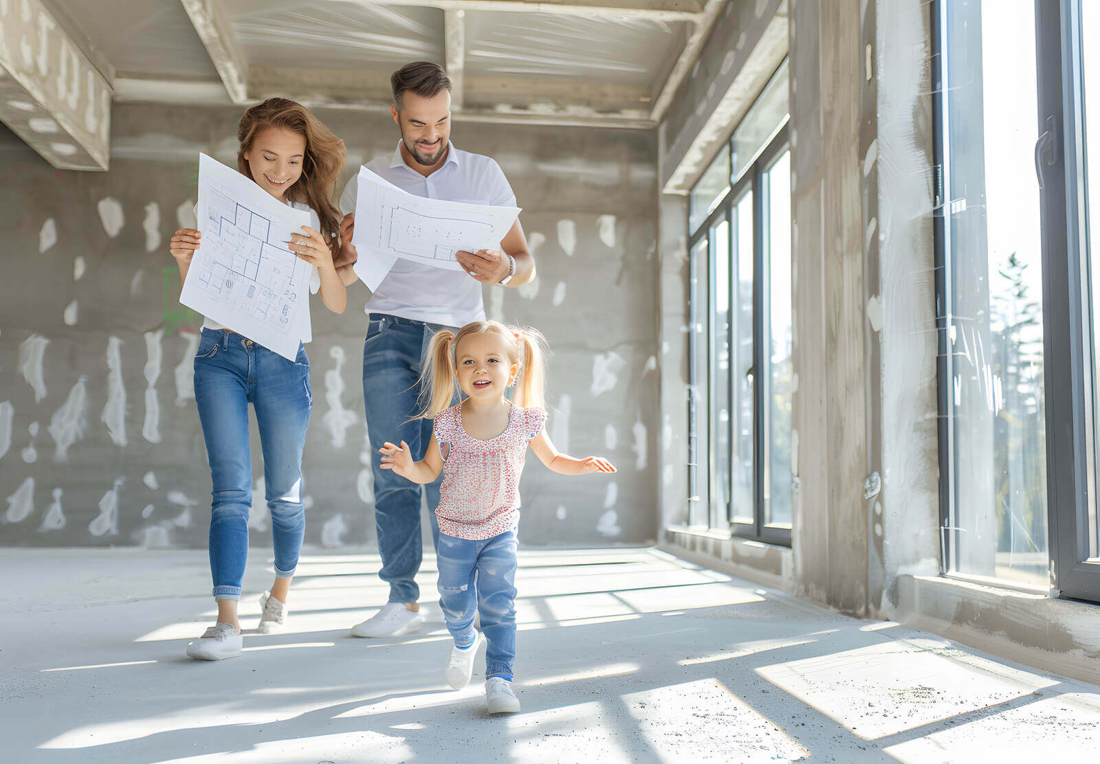 Family walking in a new building